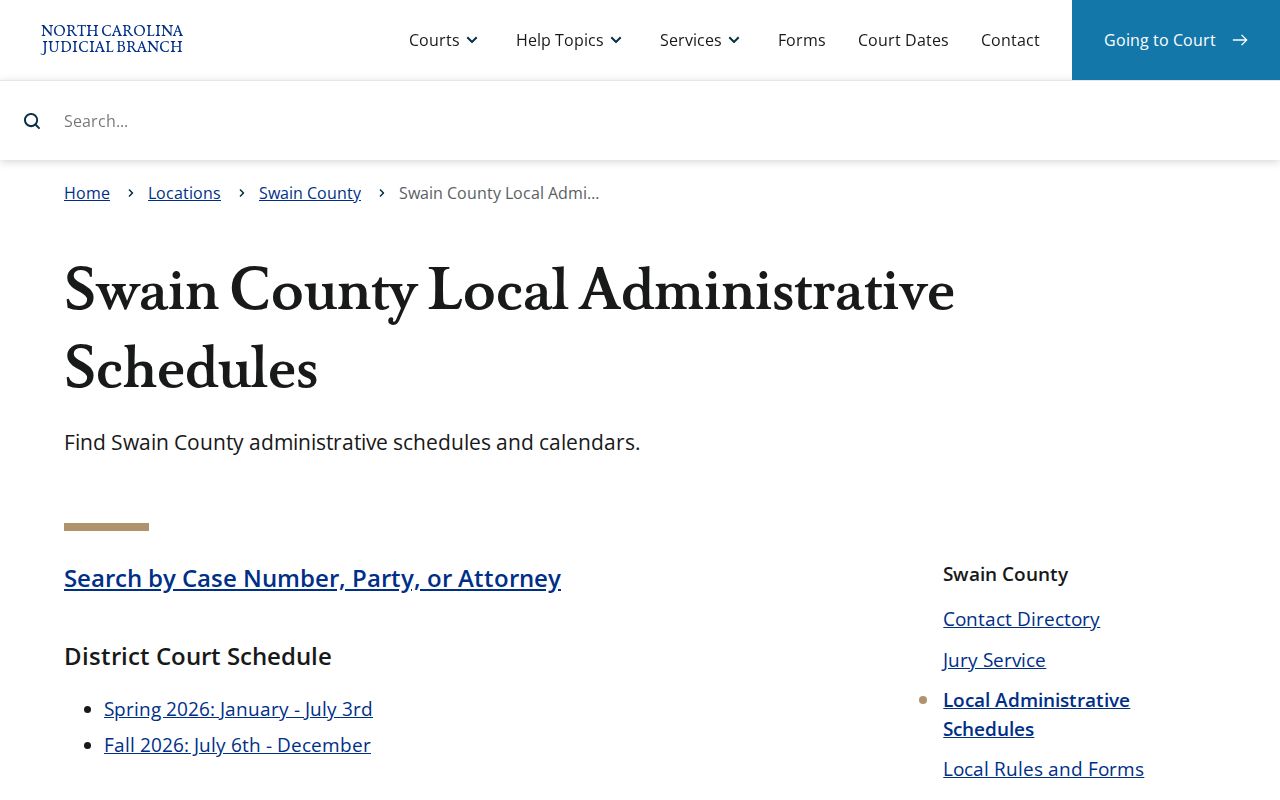Swain County criminal court case calendars